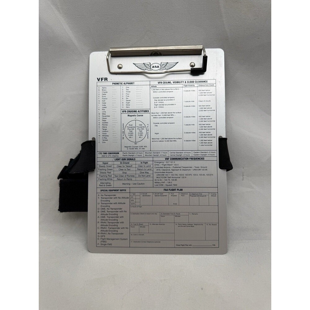 ASA VFR Kneeboard for Pilots Flight Plan Phonetic Alphabet Clipboard Band